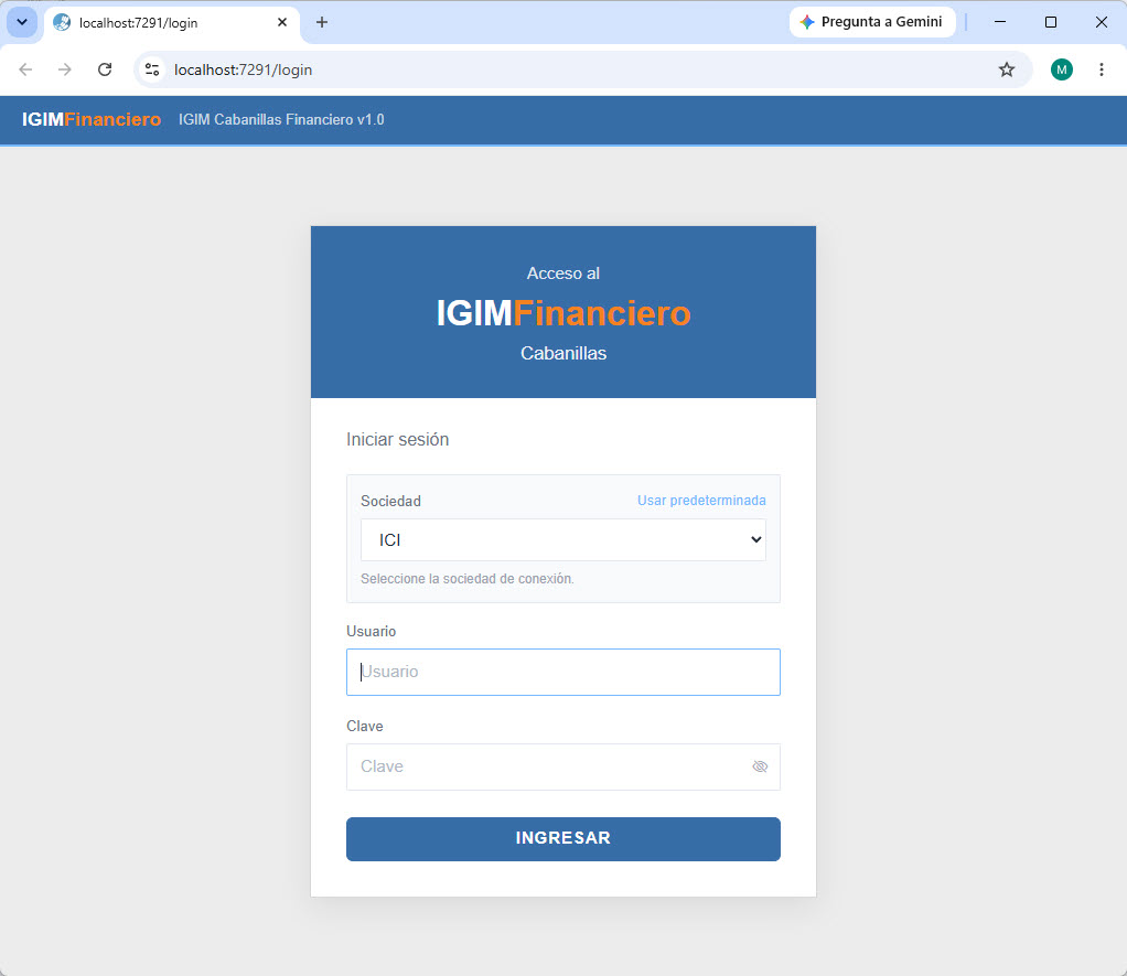 Pantalla de acceso al core financiero web IGIM-W