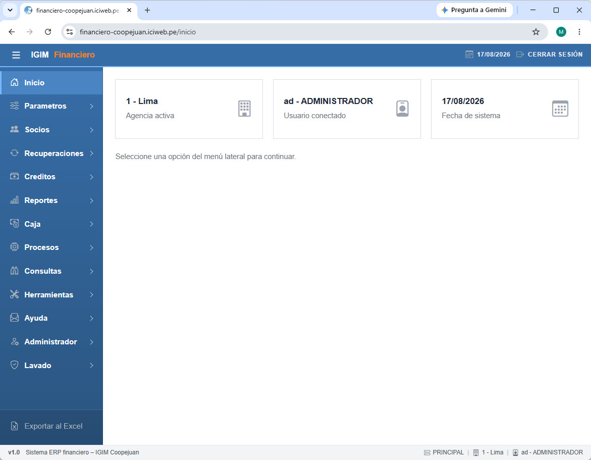 Inicio del core financiero web IGIM-W